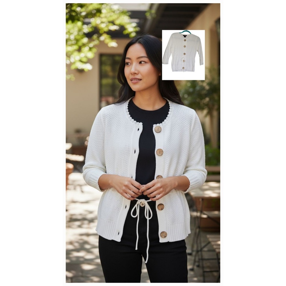 Modern Willi Smith size Med White Cotton Rib Knit Open Front Cardigan‎ Sweater
